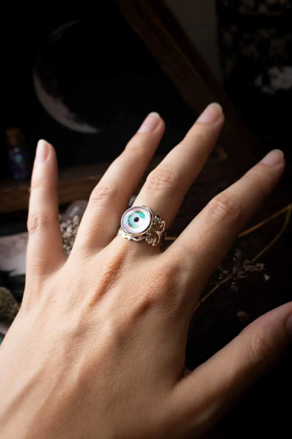 Anneau du regard hypnotique, bague argentée avec œil lunamanashop