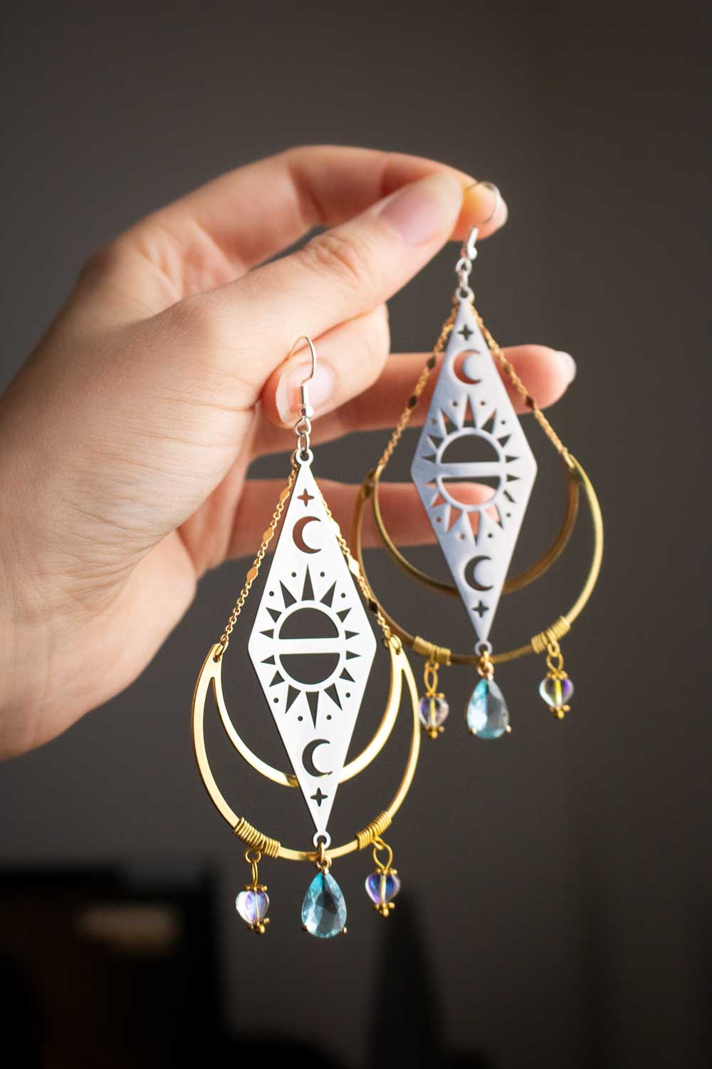 Boucles d'oreilles Séraphine - Losanges astraux et lunes dorées lunamanashop