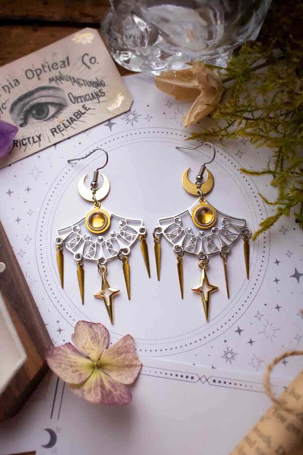 Boucles d'oreilles Ézélia - Éventails argentés et citrine solaire lunamanashop