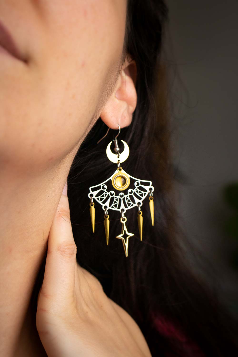 Boucles d'oreilles Ézélia - Éventails argentés et citrine solaire lunamanashop