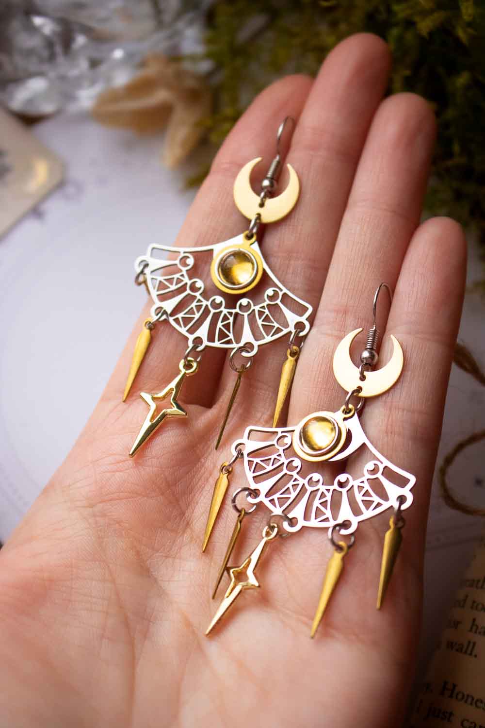 Boucles d'oreilles Ézélia - Éventails argentés et citrine solaire lunamanashop