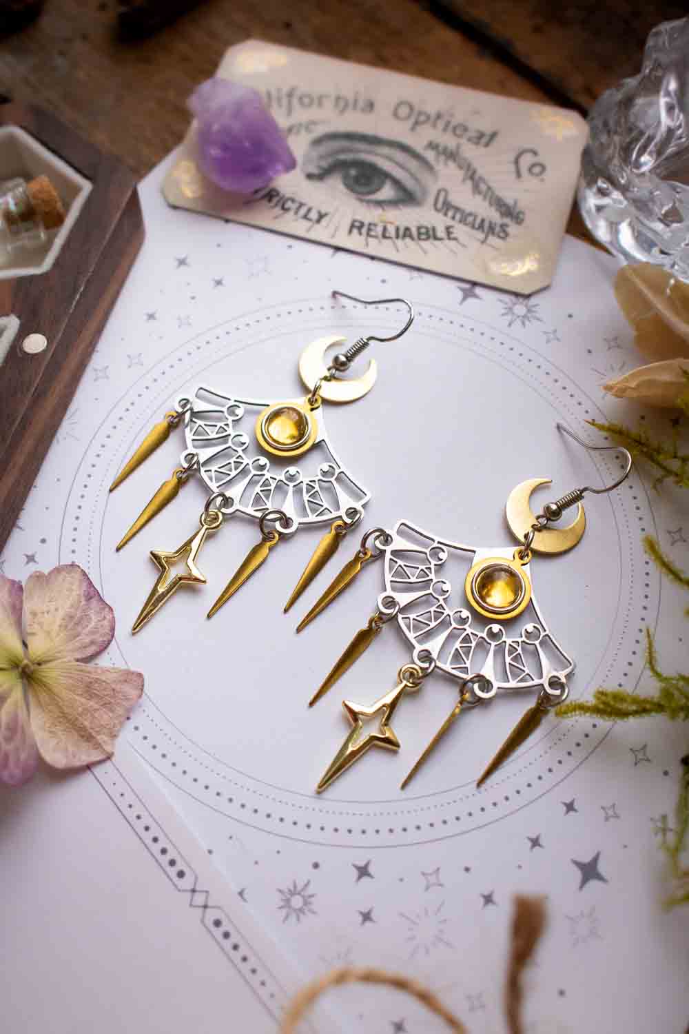 Boucles d'oreilles Ézélia - Éventails argentés et citrine solaire lunamanashop