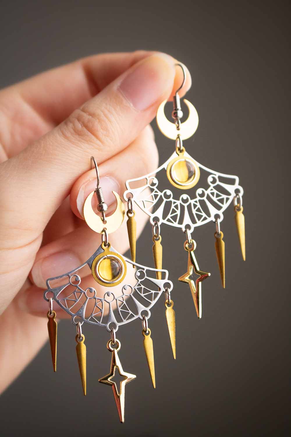 Boucles d'oreilles Ézélia - Éventails argentés et citrine solaire lunamanashop