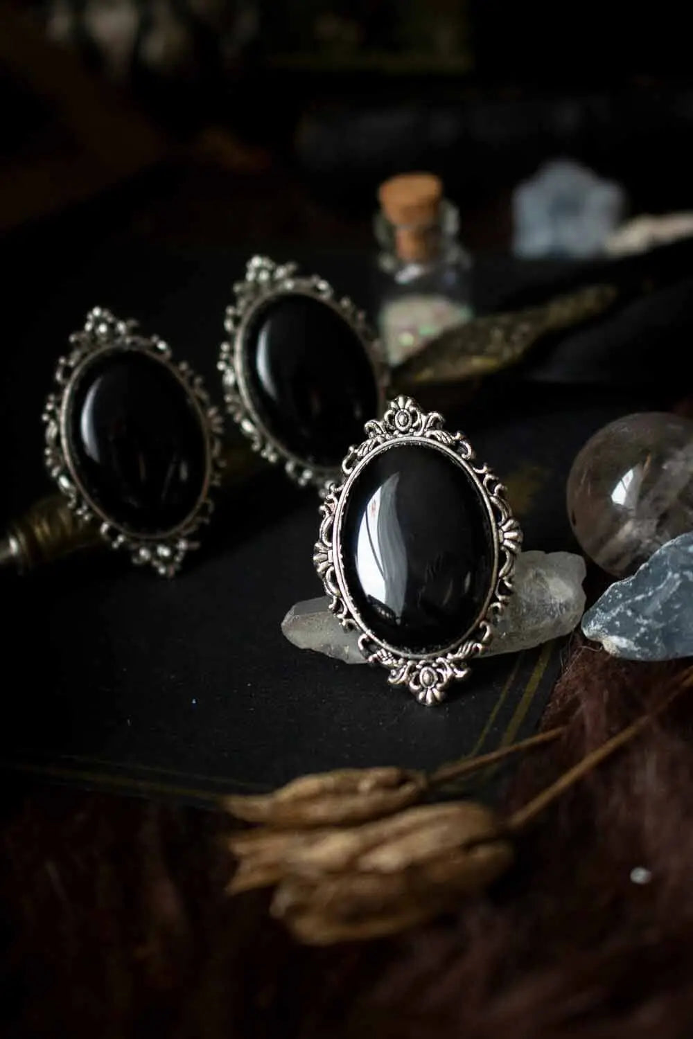 Bague Agate noire et monture argentée ovale lunamanashop
