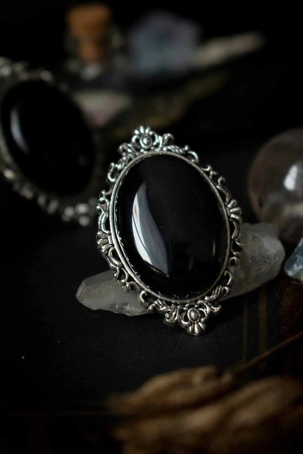 Bague Agate noire et monture argentée ovale lunamanashop