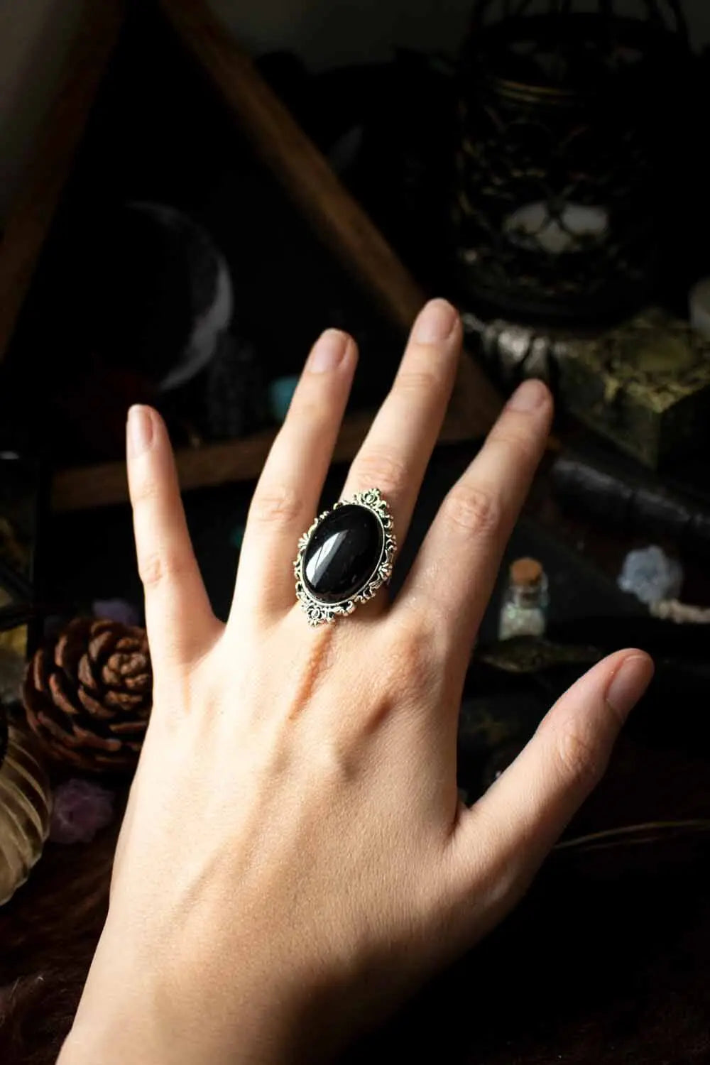 Bague Agate noire et monture argentée ovale lunamanashop