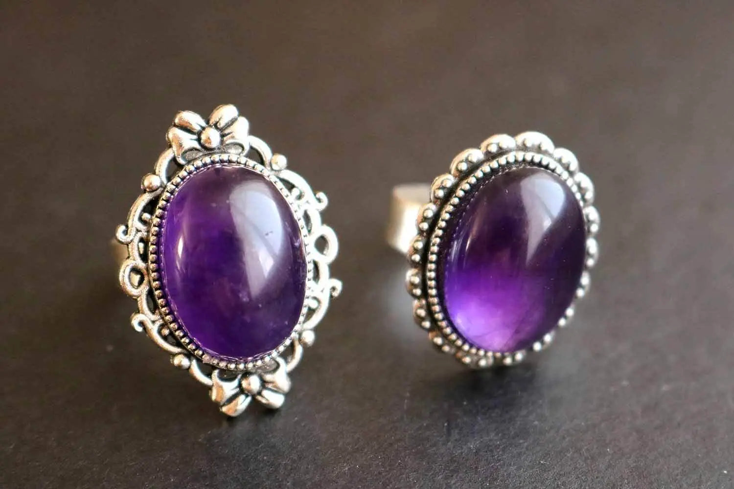 Bague Améthyste argentée à cabochon ovale et réglable - lunamanashop