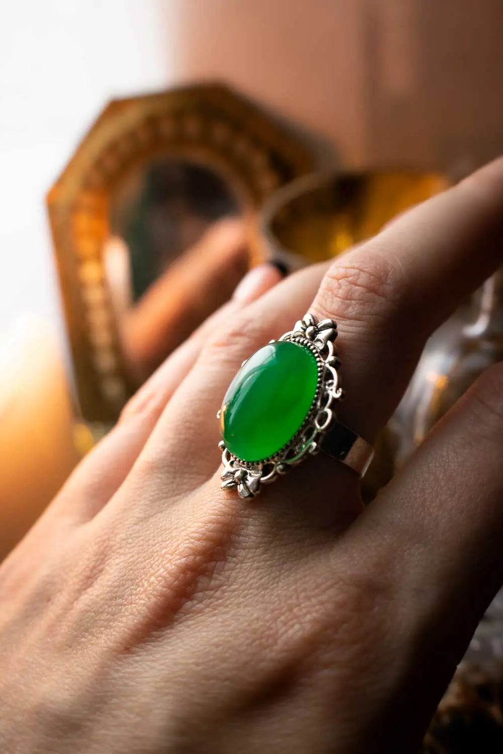 Bague en Agate verte Souffle des origines avec base argentée lunamanashop