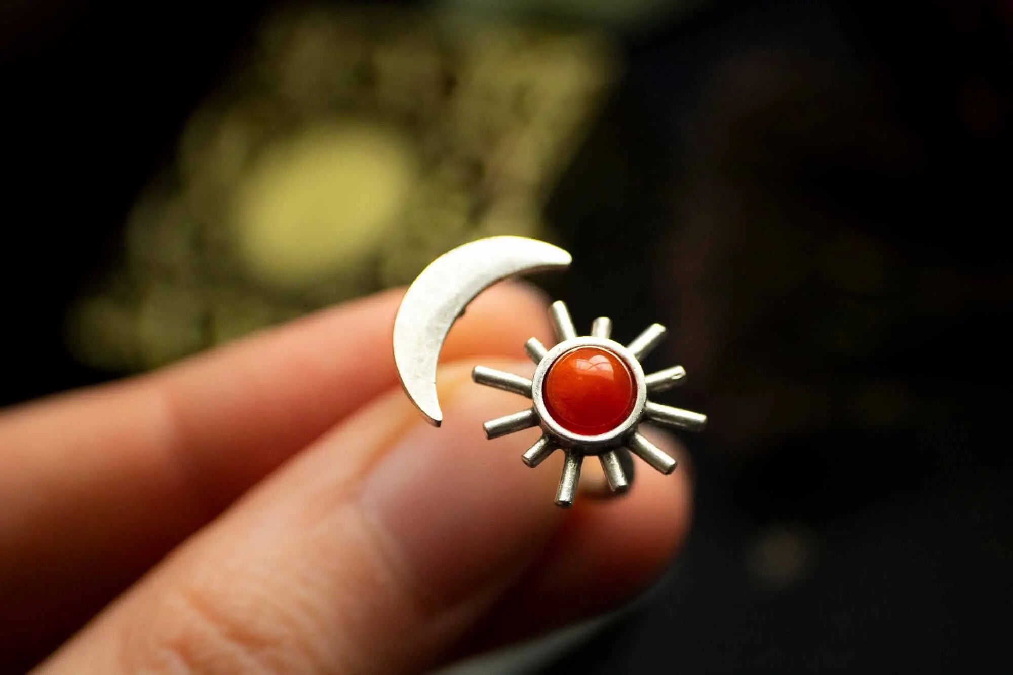 Bague Sunna en Cornaline orange avec Soleil et Lune argenté lunamanashop
