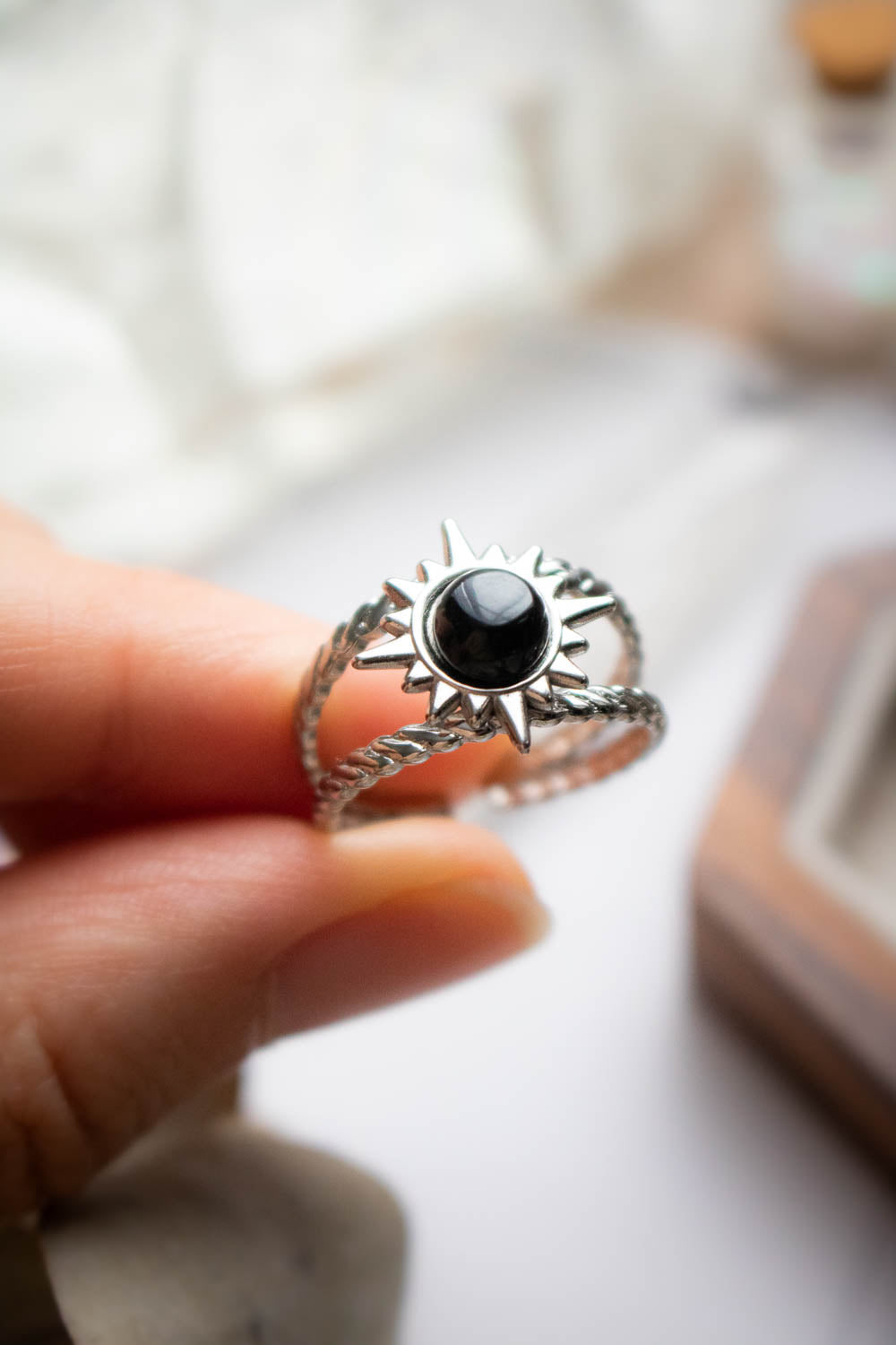 Bague Soleil en Agate noire - Double anneau argenté - Tanka lunamanashop