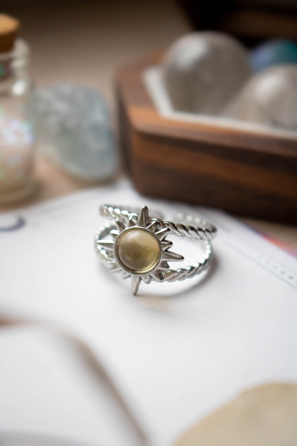 Bague Soleil en citrine à double anneau - Acier argenté - Lamia lunamanashop