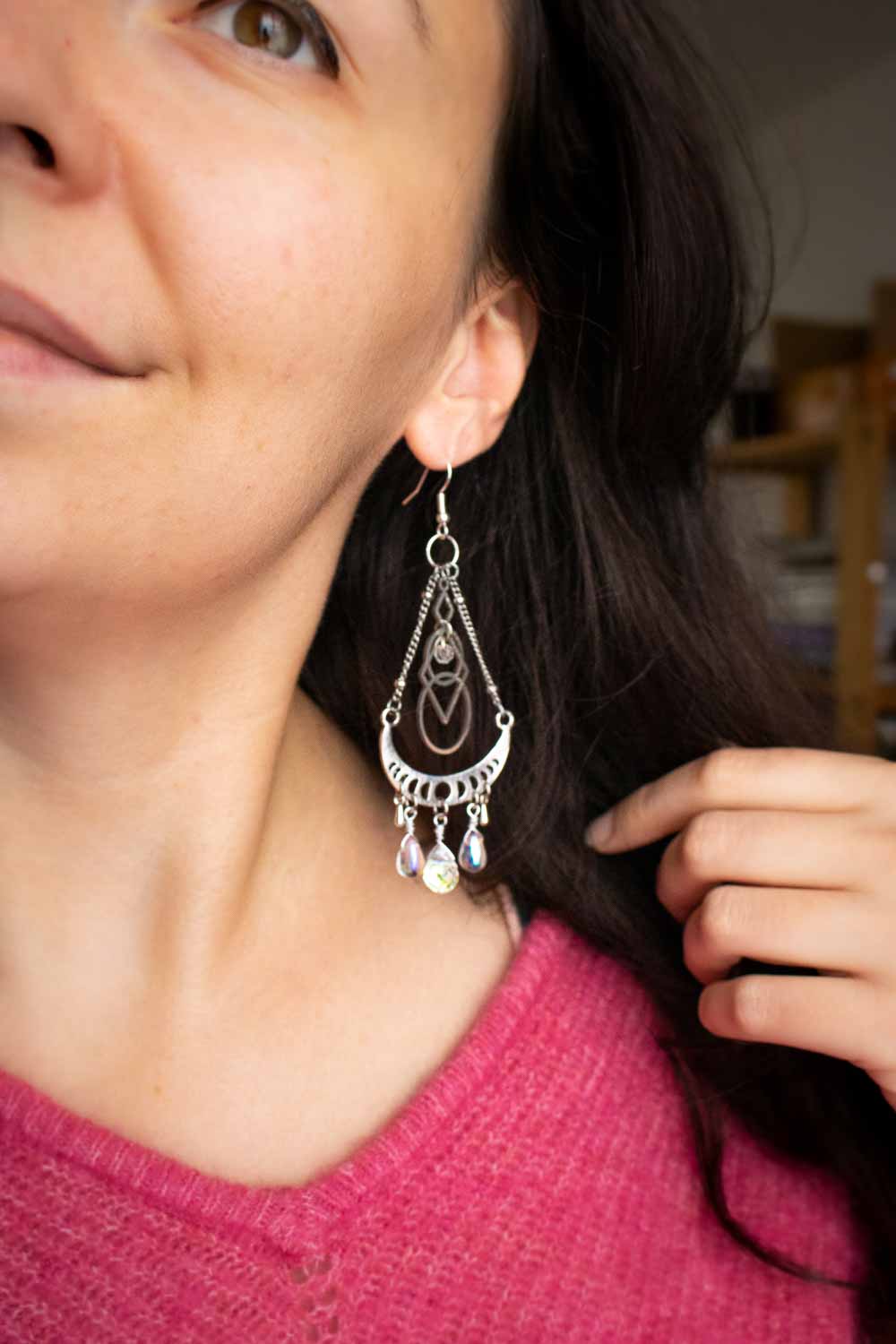 Boucles d'oreilles Ondine - Lunes argentées et pampilles en verre à facettes lunamanashop