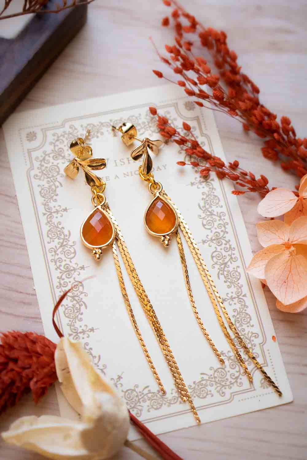 Boucles d'Oreilles pierre Cornaline - Feuille dorée - Ambrëa lunamanashop