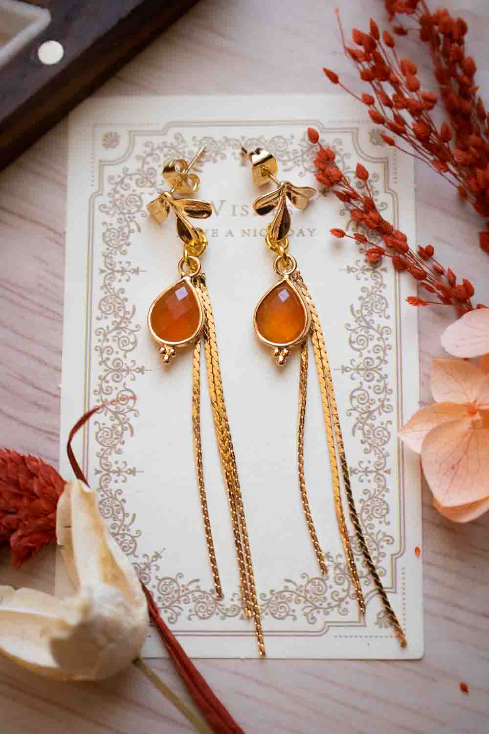 Boucles d'Oreilles pierre Cornaline - Feuille dorée - Ambrëa lunamanashop