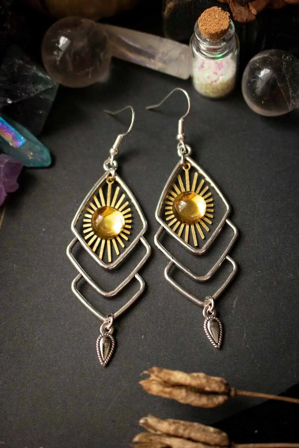Boucles d'oreilles Chicahua avec soleil et cabochon jaune lunamanashop