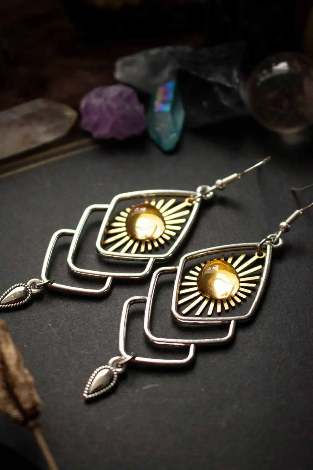 Boucles d'oreilles Chicahua avec soleil et cabochon jaune lunamanashop