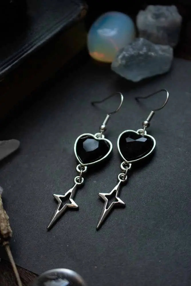 Boucles d'oreilles Cœur stellaire argenté et cœur noir lunamanashop