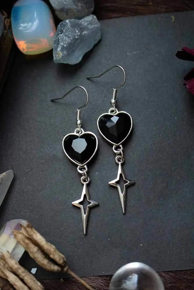 Boucles d'oreilles Cœur stellaire argenté et cœur noir lunamanashop