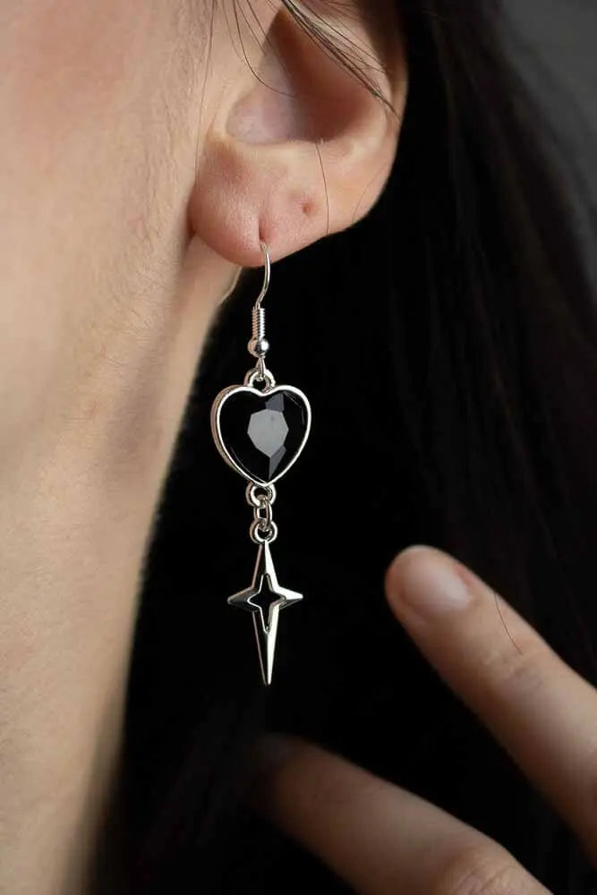 Boucles d'oreilles Cœur stellaire argenté et cœur noir lunamanashop