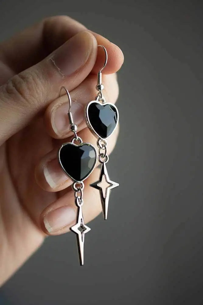 Boucles d'oreilles Cœur stellaire argenté et cœur noir lunamanashop