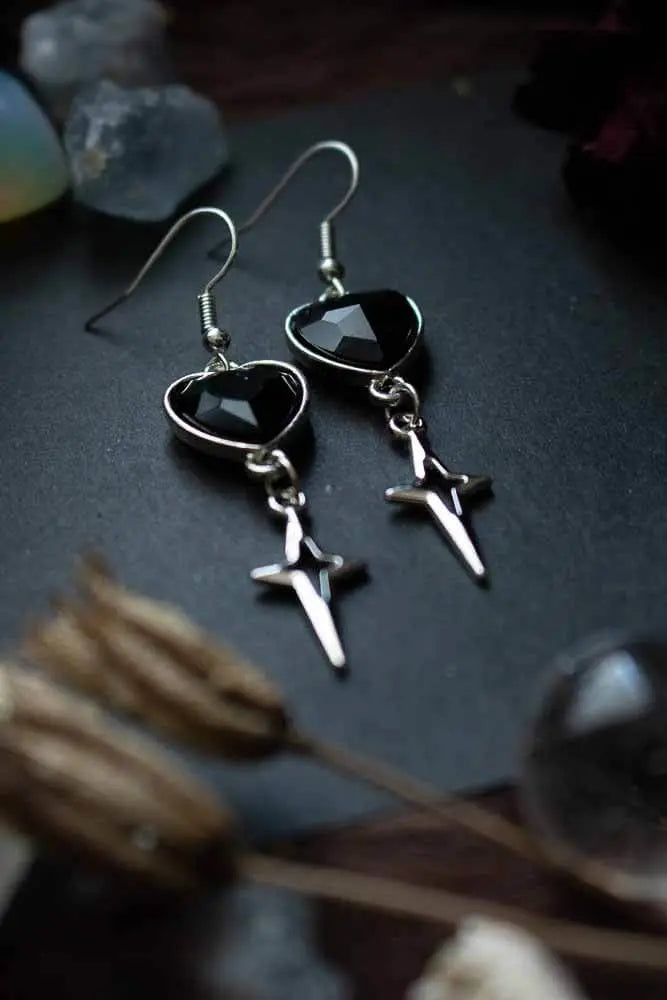 Boucles d'oreilles Cœur stellaire argenté et cœur noir lunamanashop