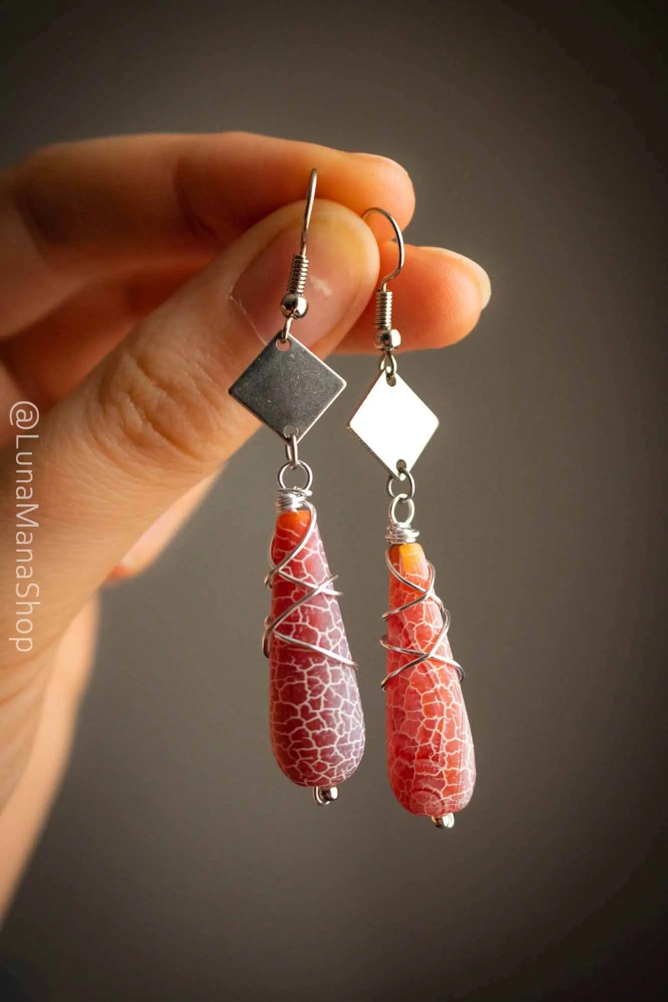 Boucles d'oreilles Goutte de pierre en agate orange lunamanashop