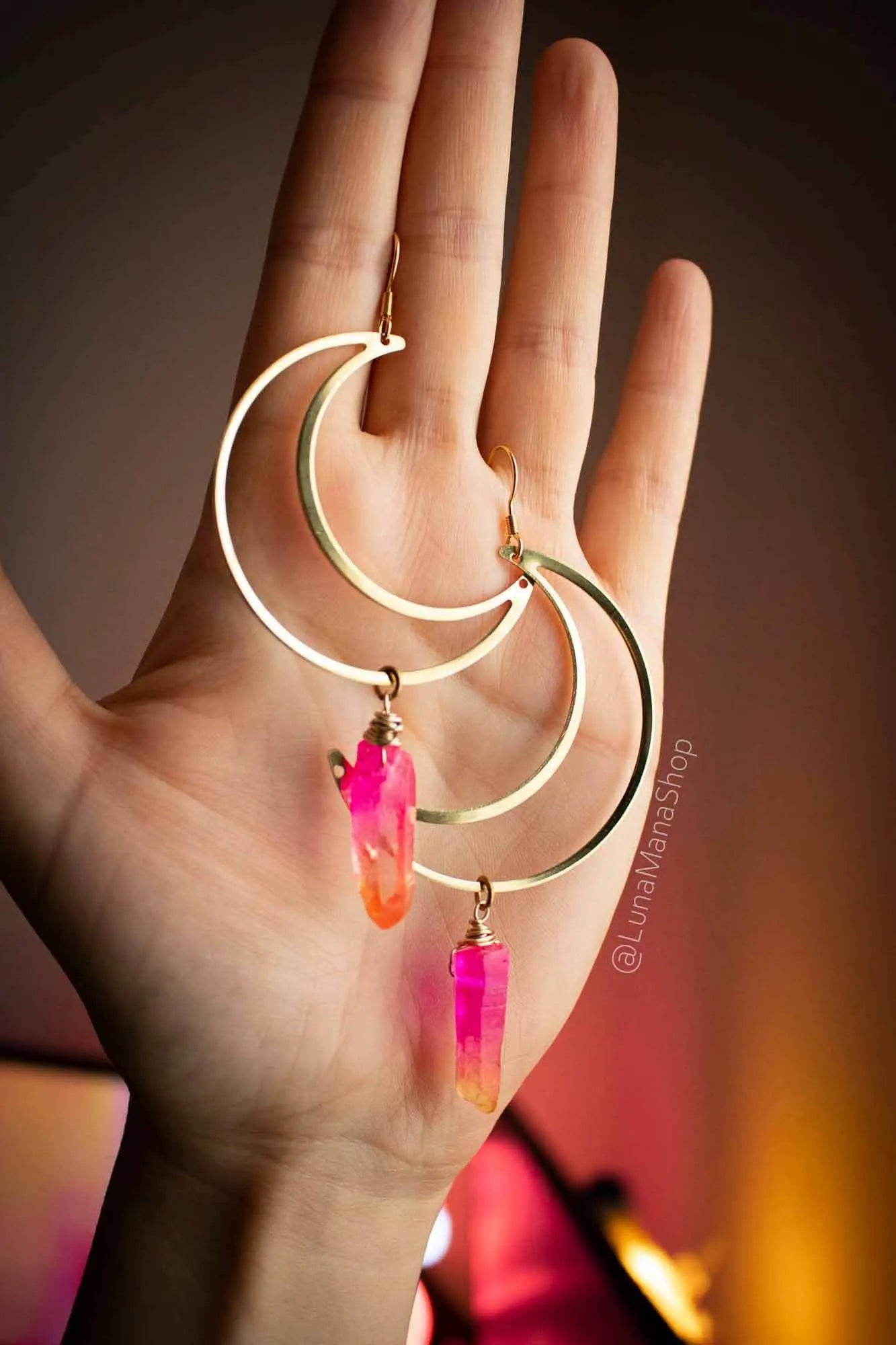 Boucles d'oreilles Lune dorée et Quartz rose orangé lunamanashop