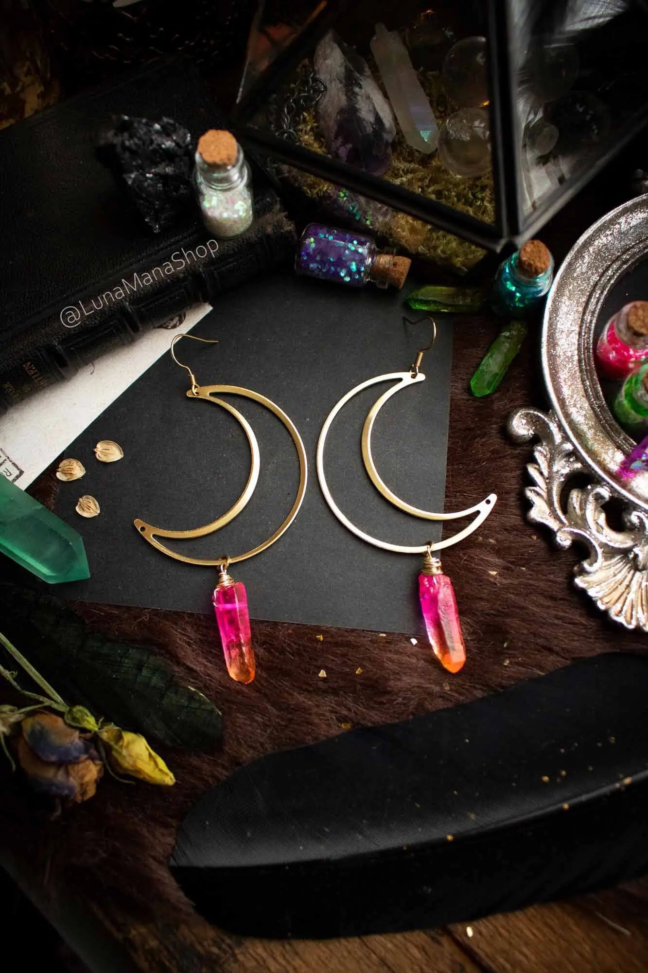 Boucles d'oreilles Lune dorée et Quartz rose orangé lunamanashop