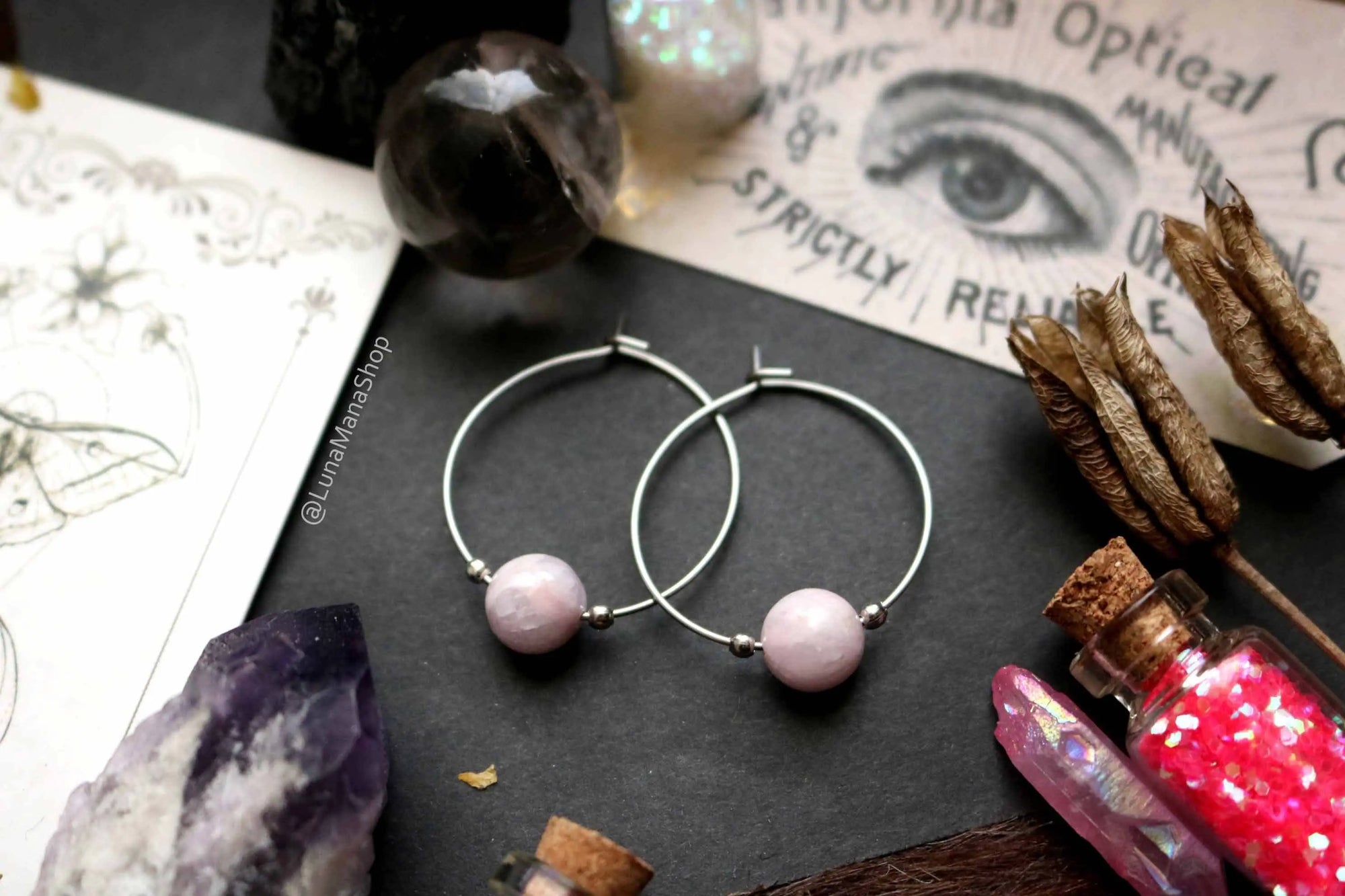 Boucles d'oreilles créoles en pierre Kunzite rose lunamanashop