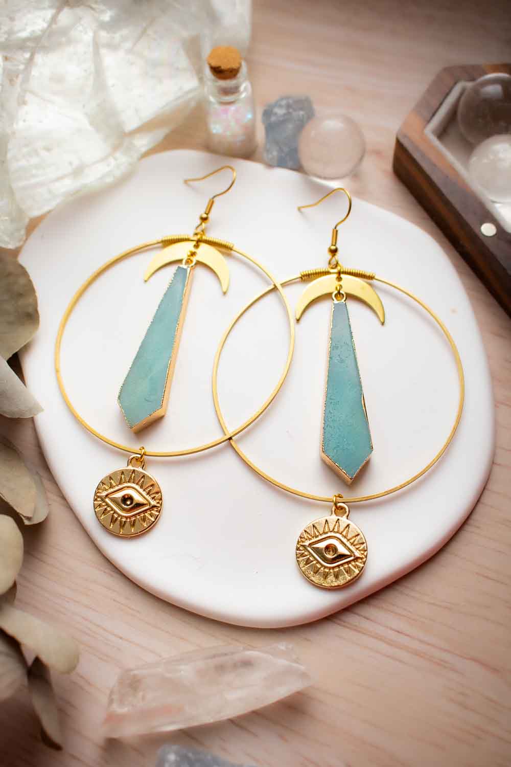 Boucles d'oreilles Amazonite et lune - Anneau doré - Thalie lunamanashop