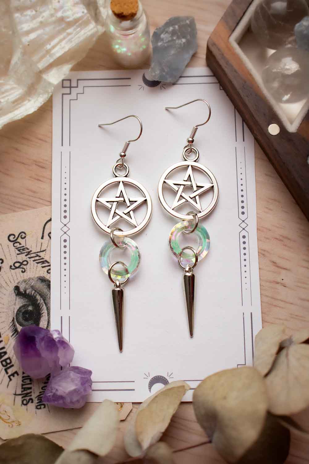 Boucles d'oreilles pentacle - Anneau verre facetté - Samaghi lunamanashop
