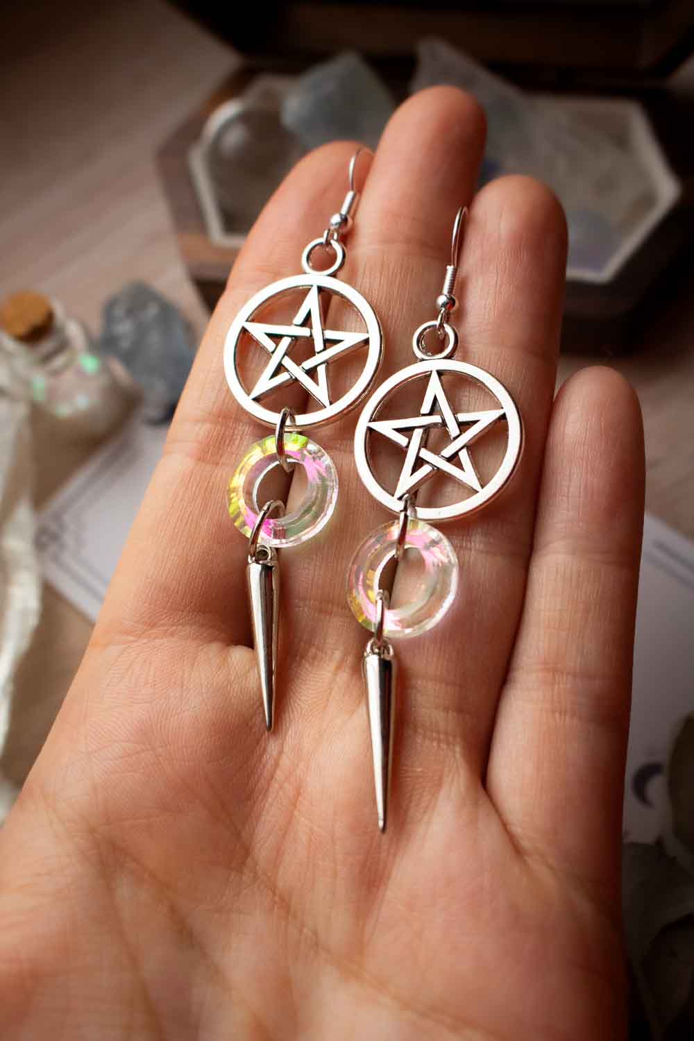 Boucles d'oreilles pentacle - Anneau verre facetté - Samaghi lunamanashop