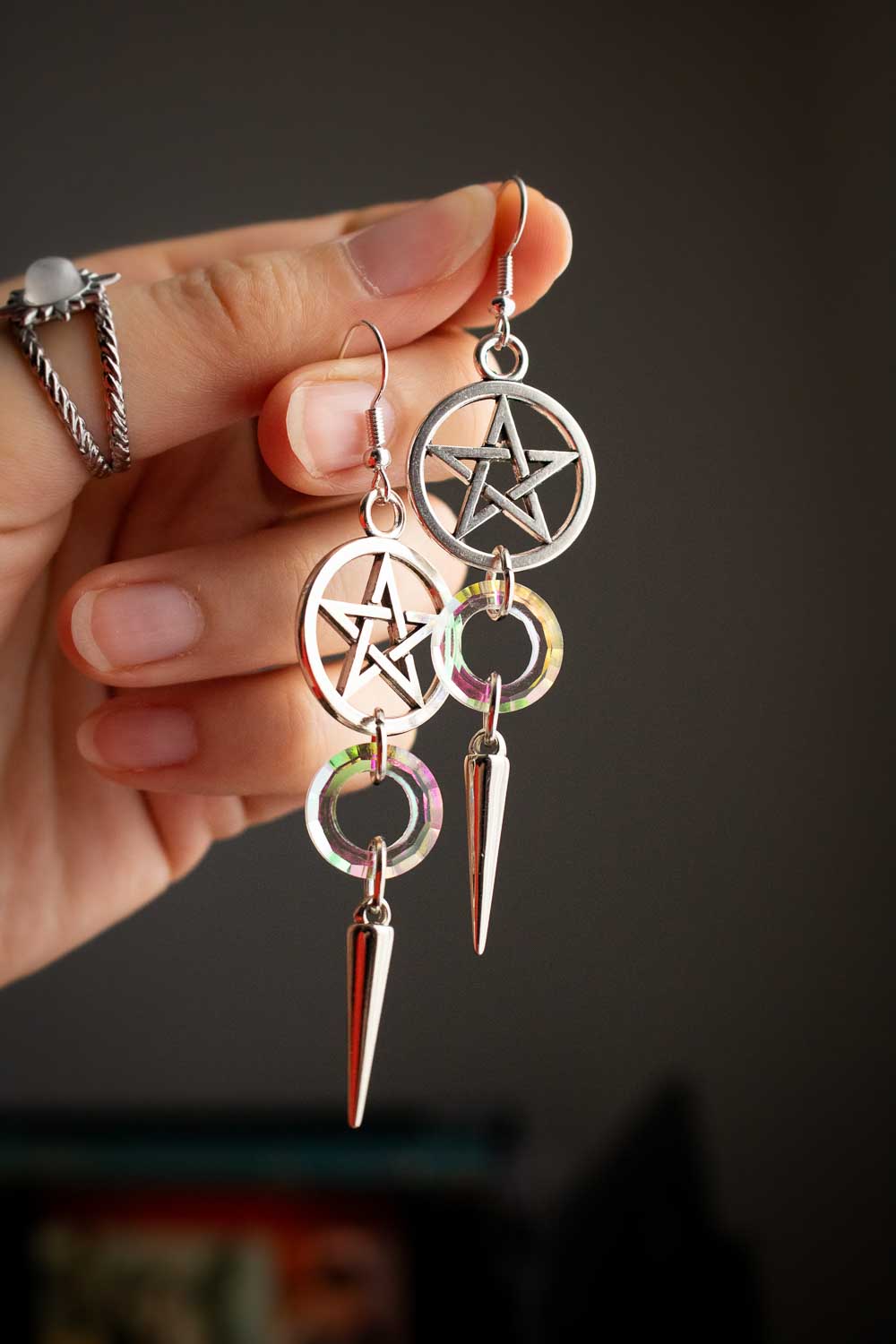 Boucles d'oreilles pentacle - Anneau verre facetté - Samaghi lunamanashop