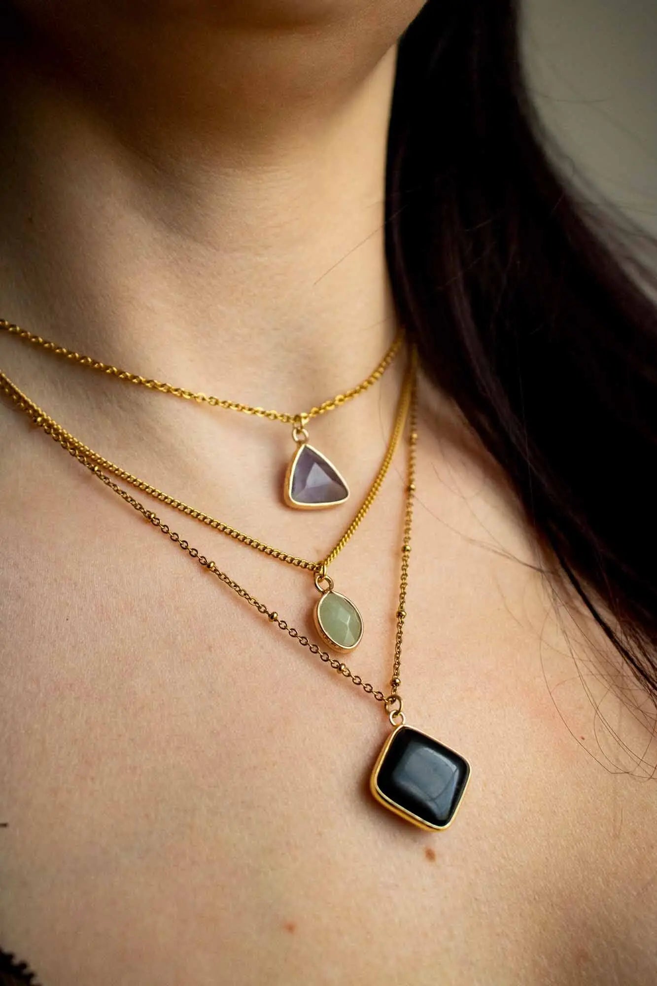 Collier Anti stress 3 pierres: Améthyste, Aventurine et Onyx noire lunamanashop