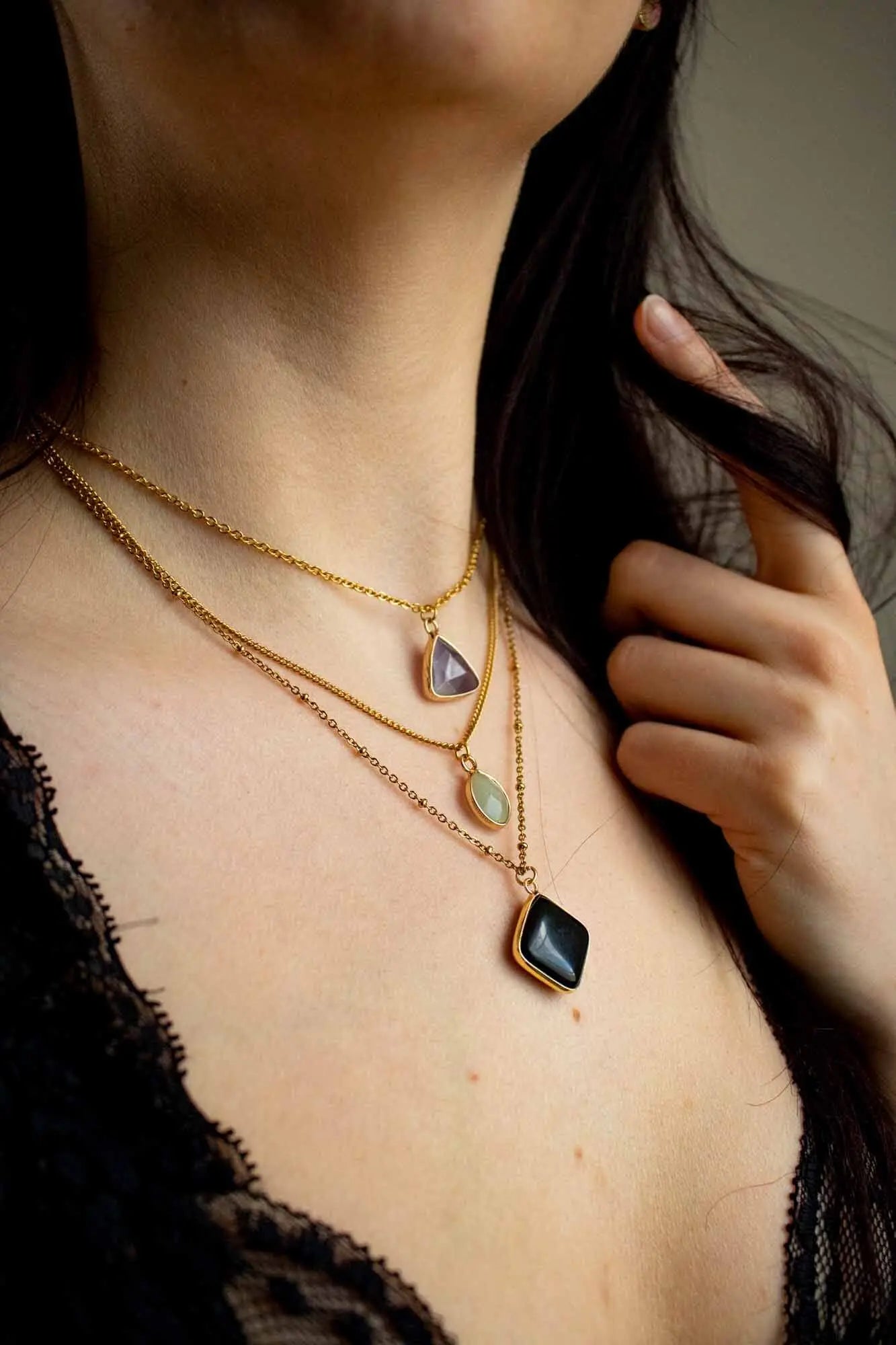 Collier Anti stress 3 pierres: Améthyste, Aventurine et Onyx noire lunamanashop