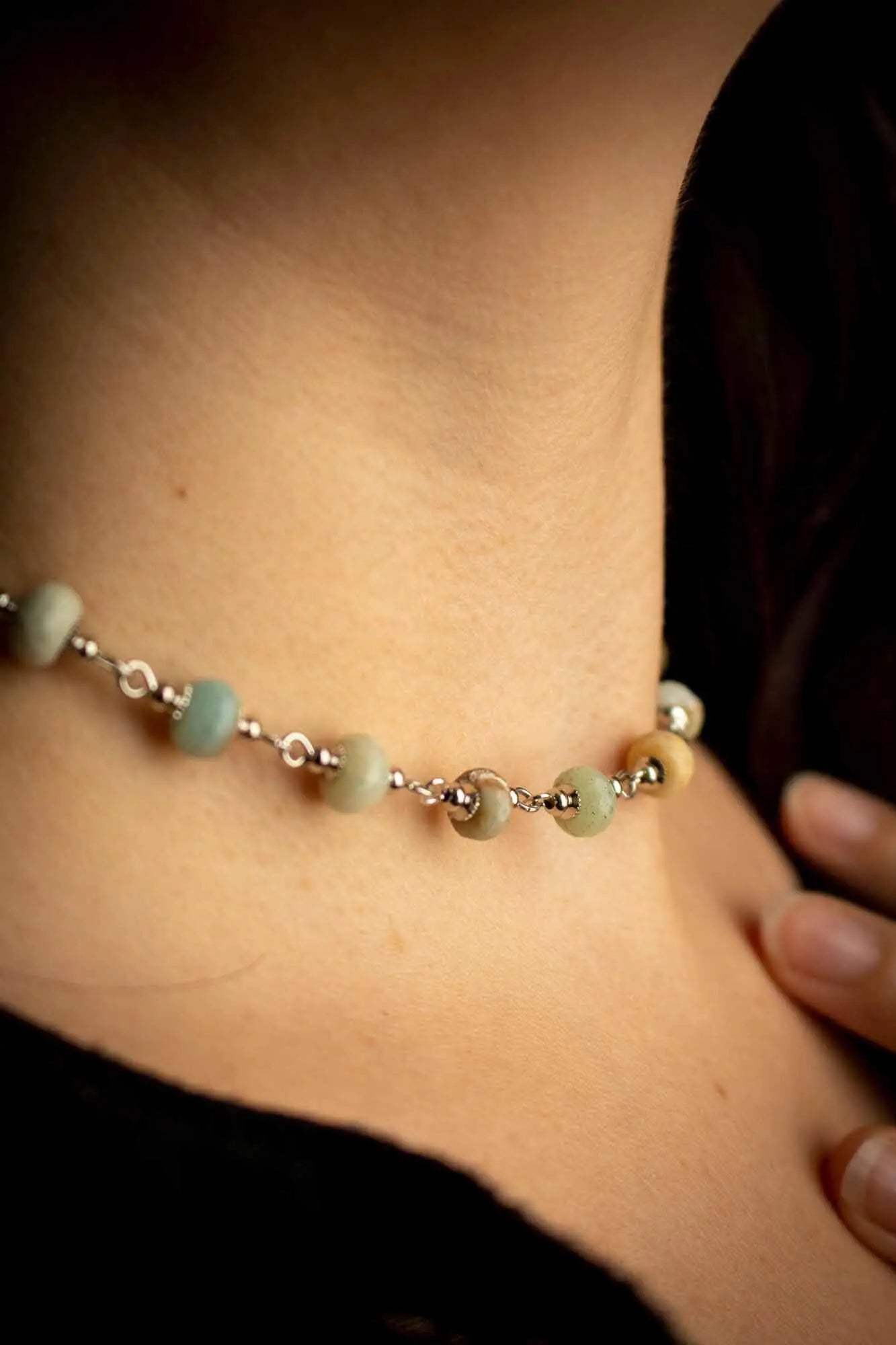 Collier de la guerrière en Amazonite et anneaux argentés lunamanashop