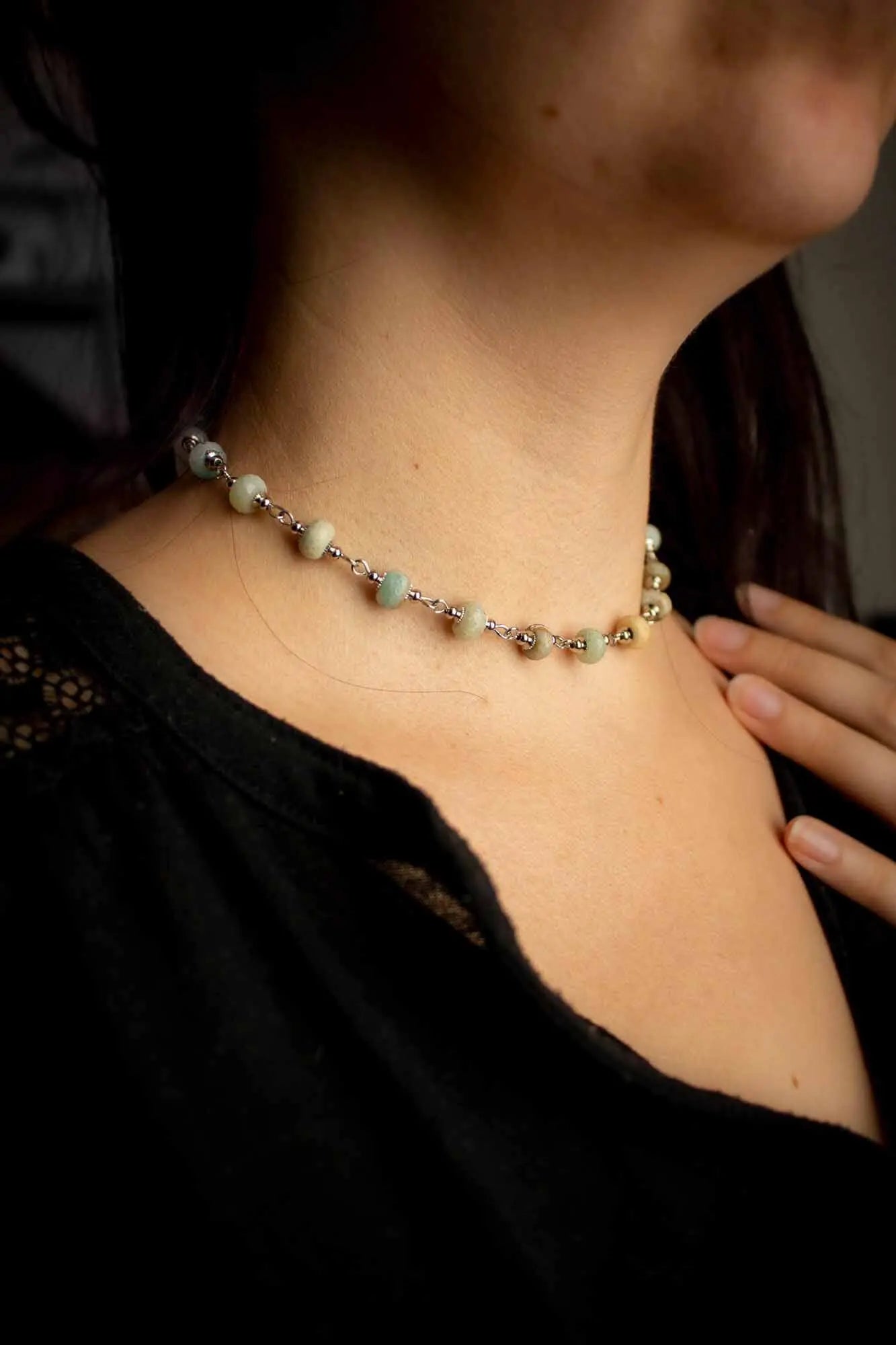 Collier de la guerrière en Amazonite et anneaux argentés lunamanashop
