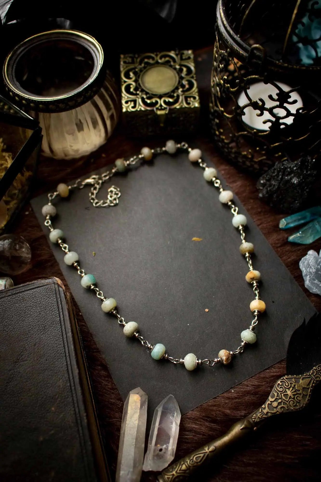 Collier de la guerrière en Amazonite et anneaux argentés lunamanashop