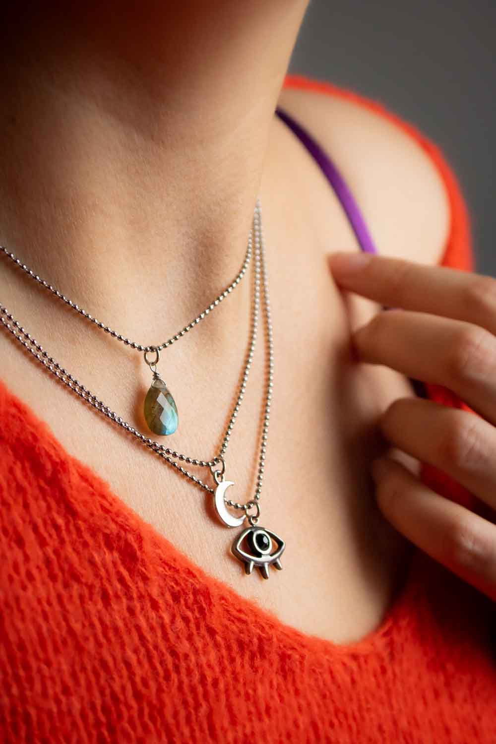 Collier triple rang Labradorite lune œil - Chaîne billes argentée - Centaurée lunamanashop