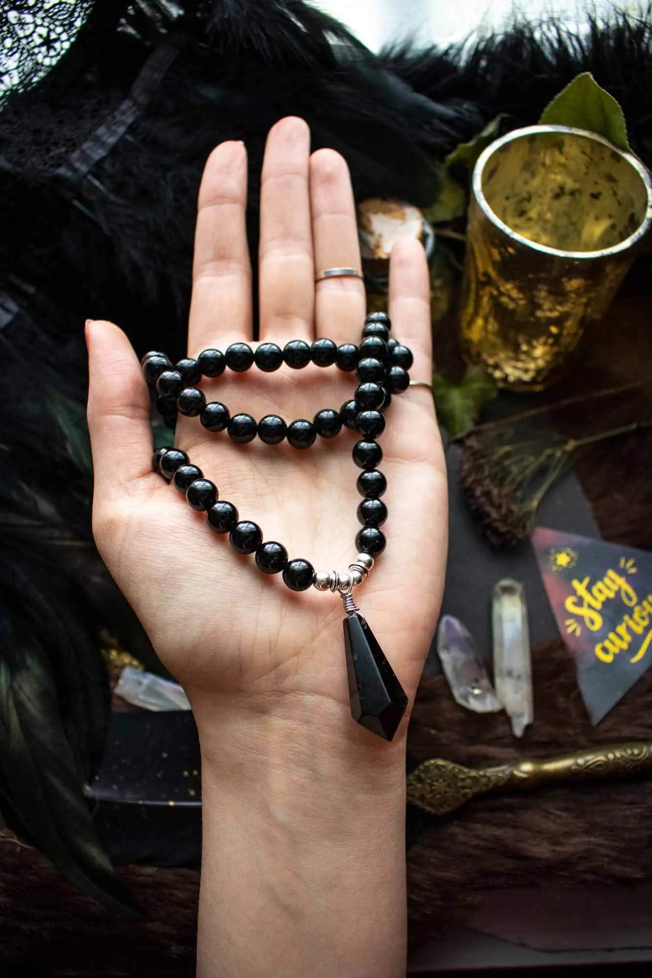 Collier sautoir de pierre Obsidienne et Agate lunamanashop