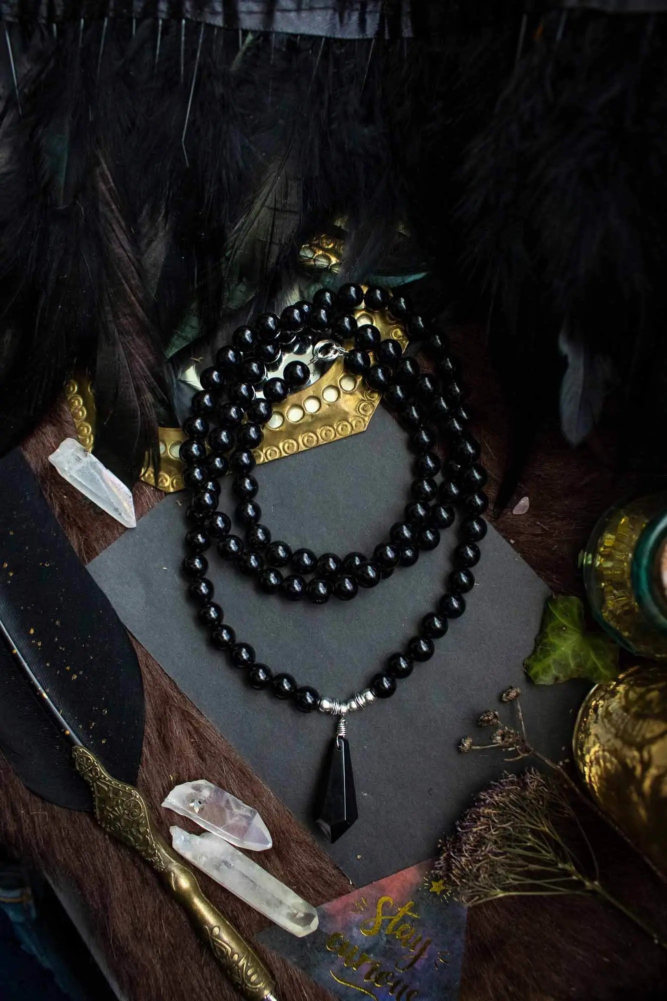 Collier sautoir de pierre Obsidienne et Agate lunamanashop