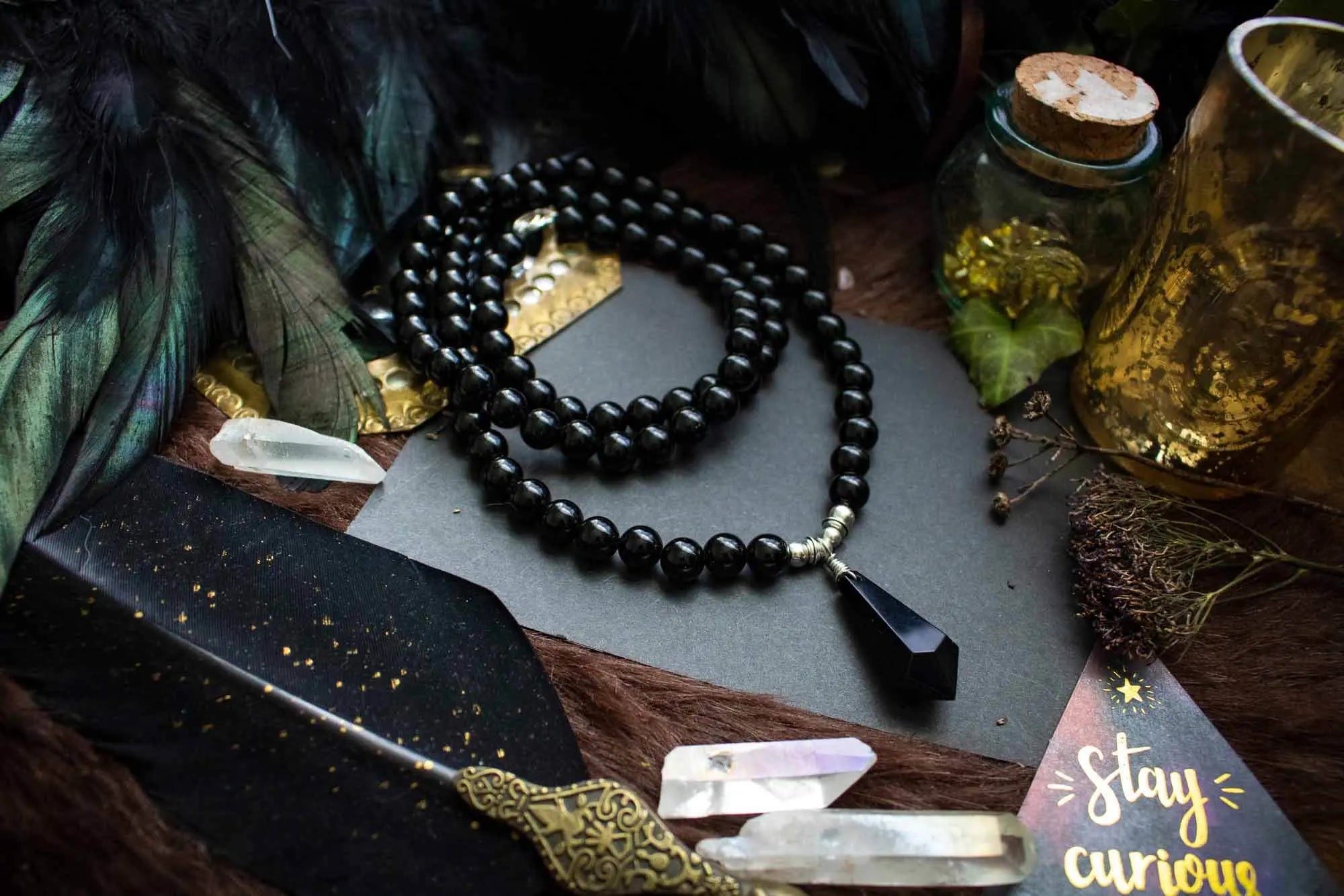 Collier sautoir de pierre Obsidienne et Agate lunamanashop