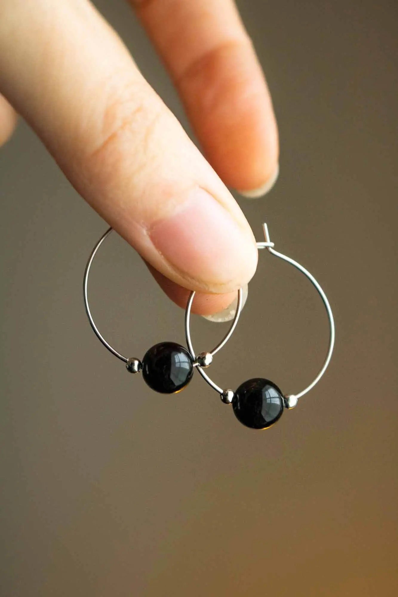 Créoles en pierre Obsidienne noire et acier inoxydable lunamanashop