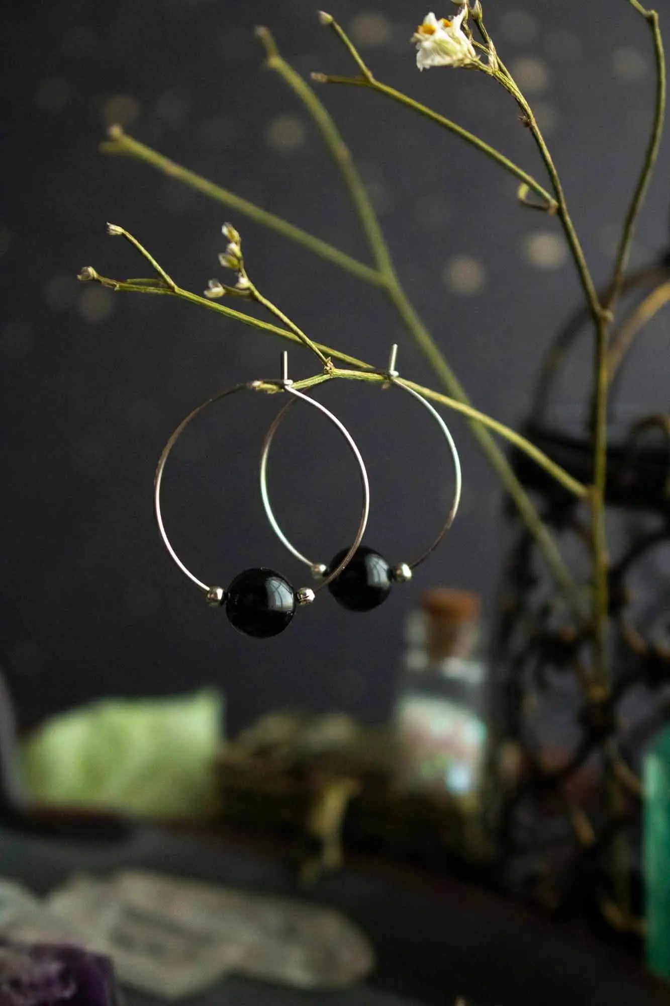 Créoles en pierre Obsidienne noire et acier inoxydable lunamanashop