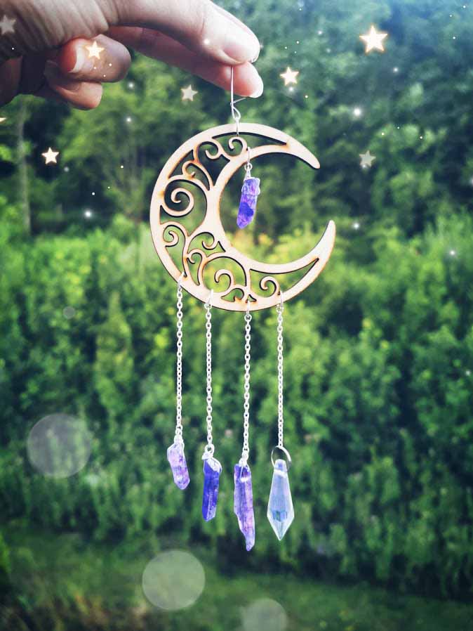 Décoration Sun catcher Lune en bois et Cristaux colorés lunamanashop