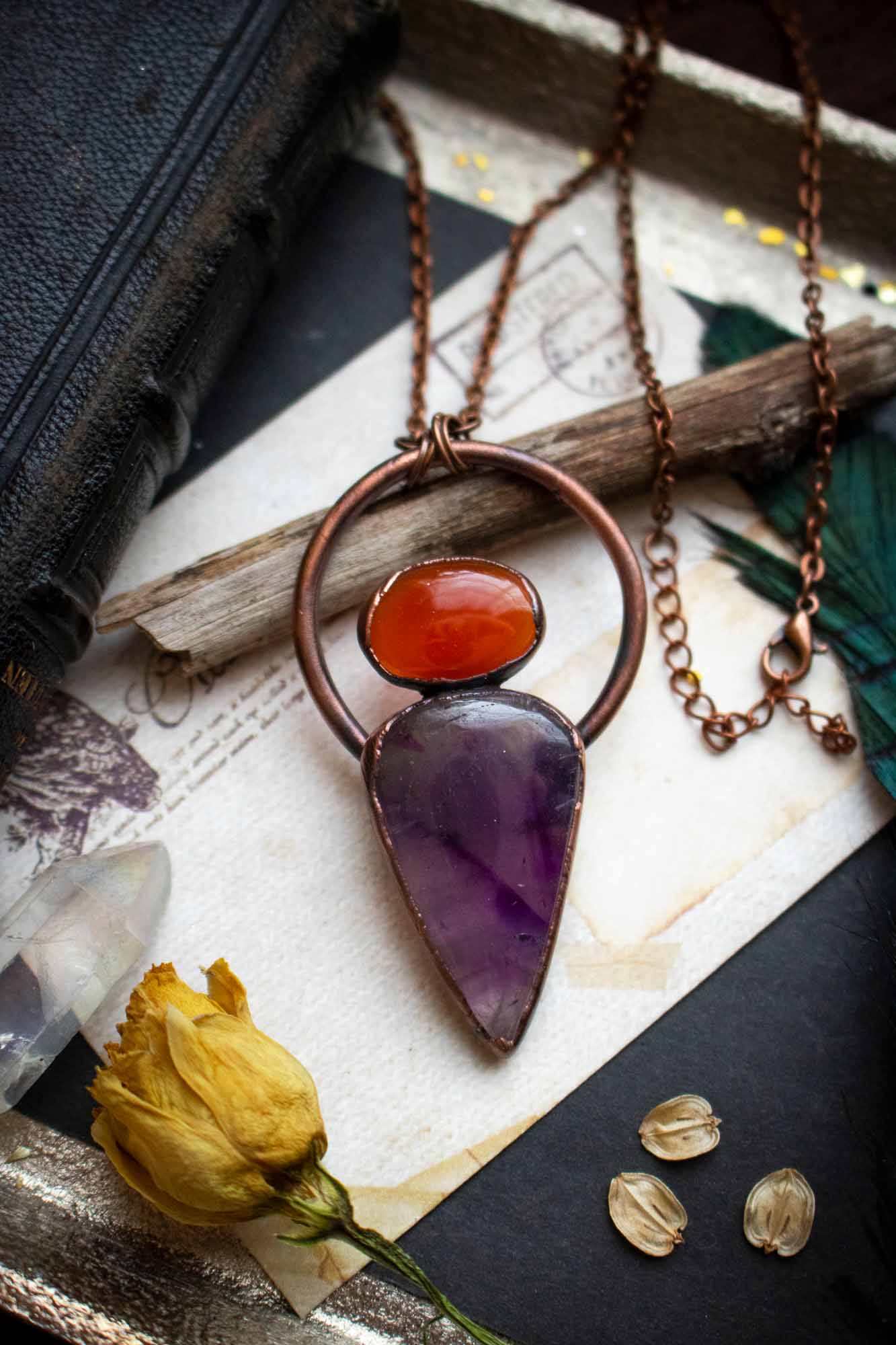 Pendentif Améthyste et Cornaline électroformé lunamanashop