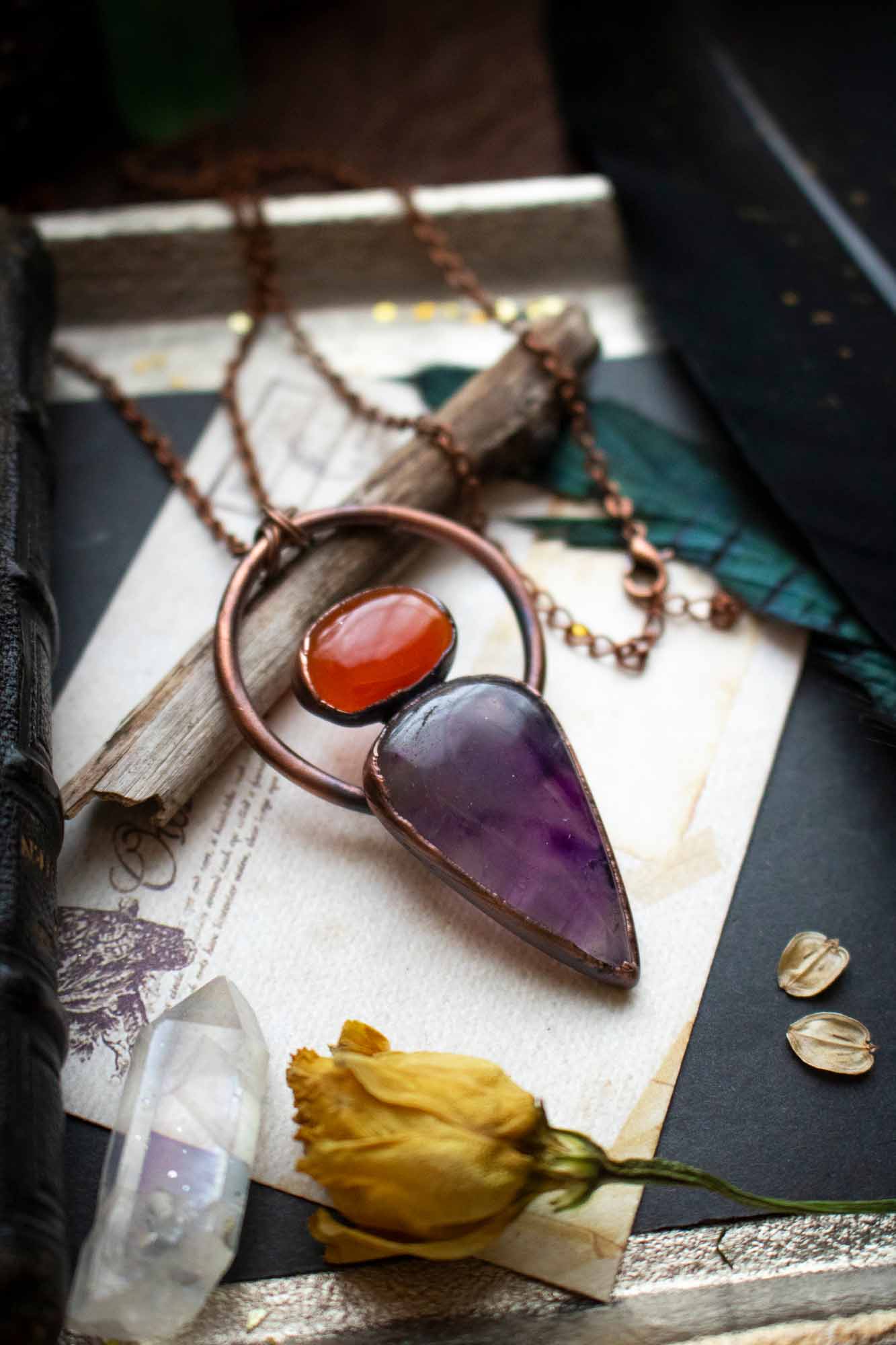 Pendentif Améthyste et Cornaline électroformé lunamanashop