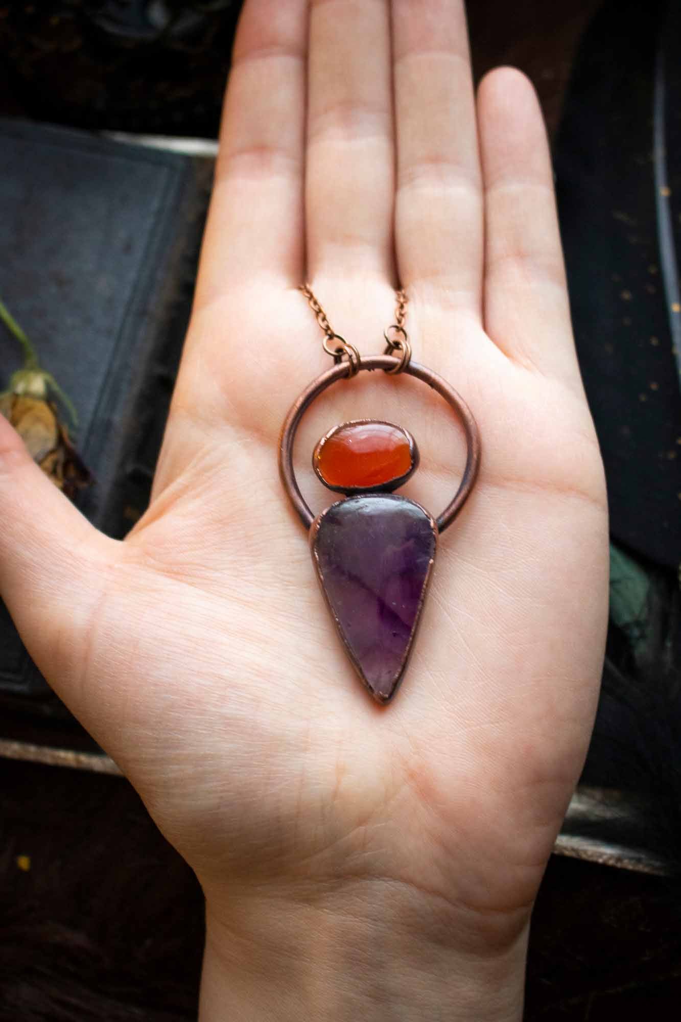 Pendentif Améthyste et Cornaline électroformé lunamanashop