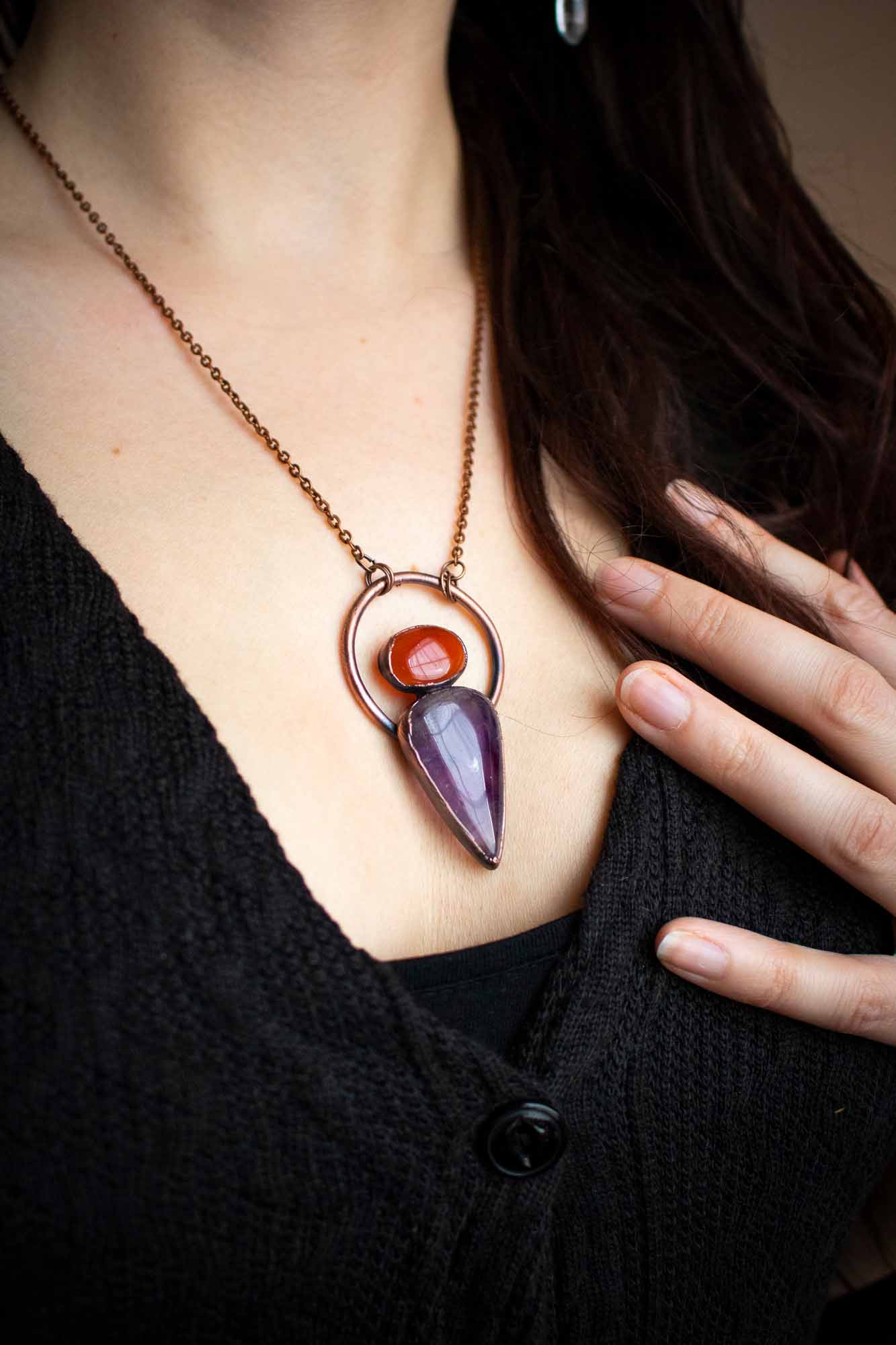 Pendentif Améthyste et Cornaline électroformé lunamanashop