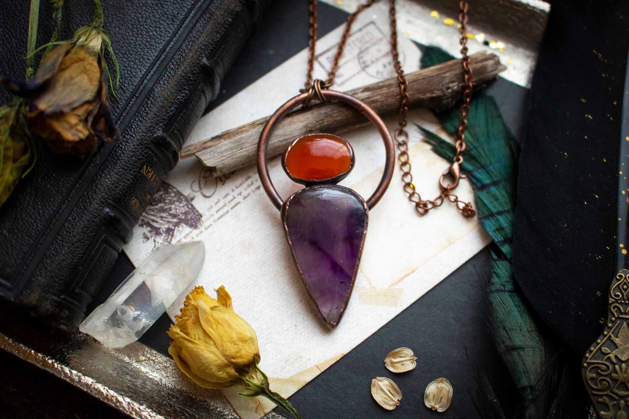 Pendentif Améthyste et Cornaline électroformé lunamanashop